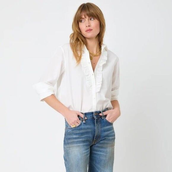 Kerri Rosenthal Mia Ruffle Front Tunic Shirt Top White Buttondown XS NEW 281657 - Picture 1 of 6